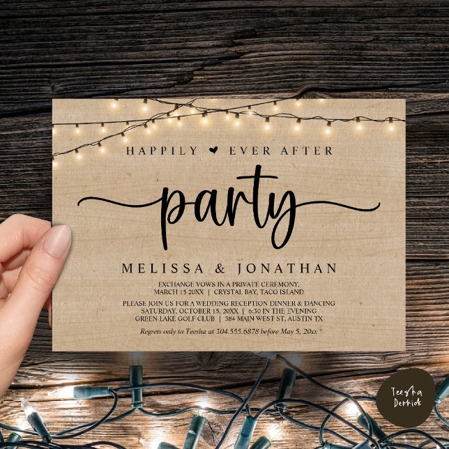 Glücklicherweise immer nach dem Party, String Ligh Einladung (Happily Ever After Party, Cottage String Lights Elopement Invitation Card, PDF, Brown Wood)
