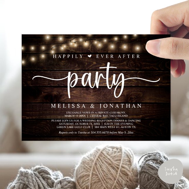 Glücklicherweise immer nach dem Party, String Ligh Einladung (Happily Ever After Party, Cottage String Lights Elopement Invitation Card, PDF, Brown Wood)