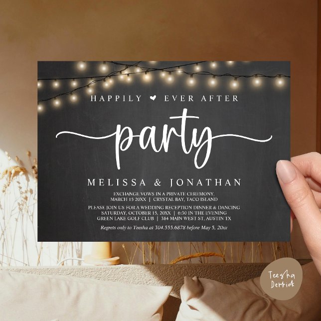 Glücklicherweise immer nach dem Party, String Ligh Einladung (Happily Ever After Party, Cottage String Lights Elopement Invitation Card, PDF, Rustic Chalkboard)