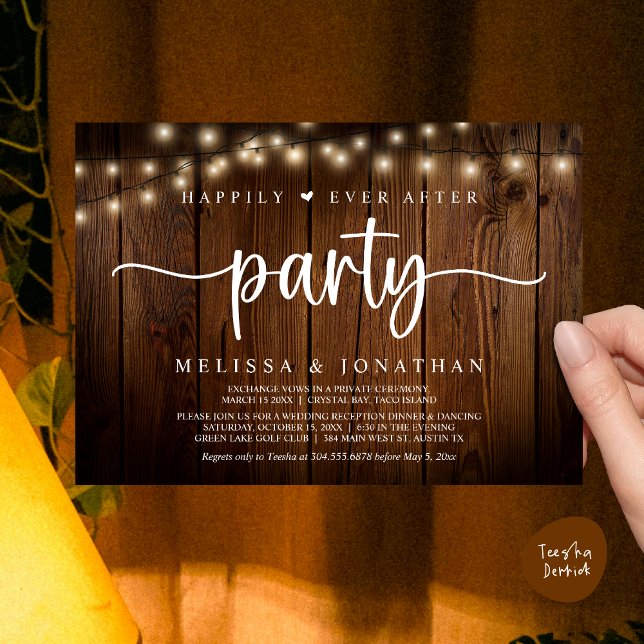 Glücklicherweise immer nach dem Party, String Ligh Einladung (Happily Ever After Party, Cottage String Lights Elopement Invitation Card, PDF, Brown Wood)
