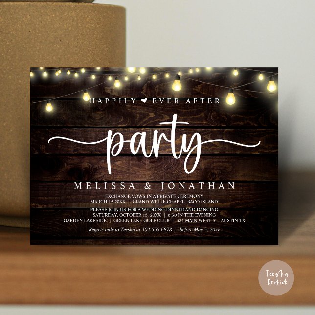 Glücklicherweise immer nach dem Party, String Ligh Einladung (Happily Ever After Party, Elopement Dinner Dancing, String Lights Invitation Card, PDF, Brown Wood)