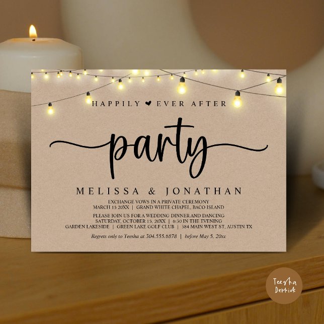 Glücklicherweise immer nach dem Party, String Ligh Einladung (Happily Ever After Party, Elopement Dinner Dancing, String Lights Invitation Card, PDF, Brown Kraft)