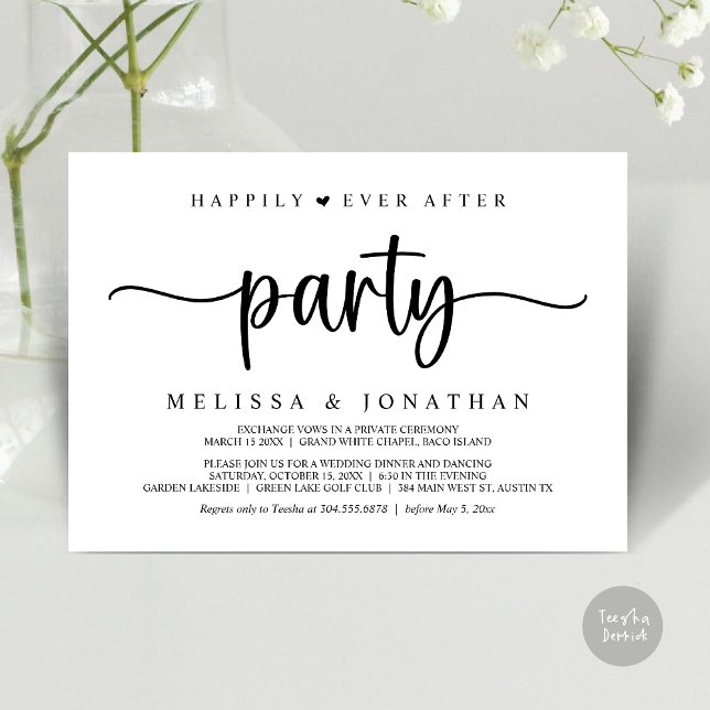 Glücklicherweise immer nach dem Party, String Ligh Einladung (Happily Ever After Party, Elopement Dinner Dancing, Rustic Cottage Invitation Card, PDF, White Black)