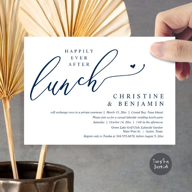 Glücklicherweise immer nach der Elopement Lunch Fe Einladung (Happily ever After Lunch Invitation Card, PDF, Post Wedding Elopement, In Navy Blue)