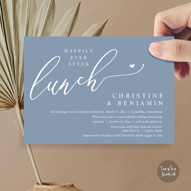 Glücklicherweise immer nach der Elopement Lunch Fe Einladung (Happily ever After Lunch Invitation Card, PDF, Post Wedding Elopement, In Dusty Blue)