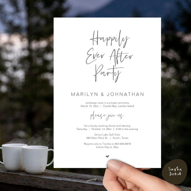 Glücklicherweise immer nach der Hochzeit Elopement Einladung (Happily Ever After, Wedding Elopement Modern Summer Party Invitation Card, PDF, in Dark Grey)
