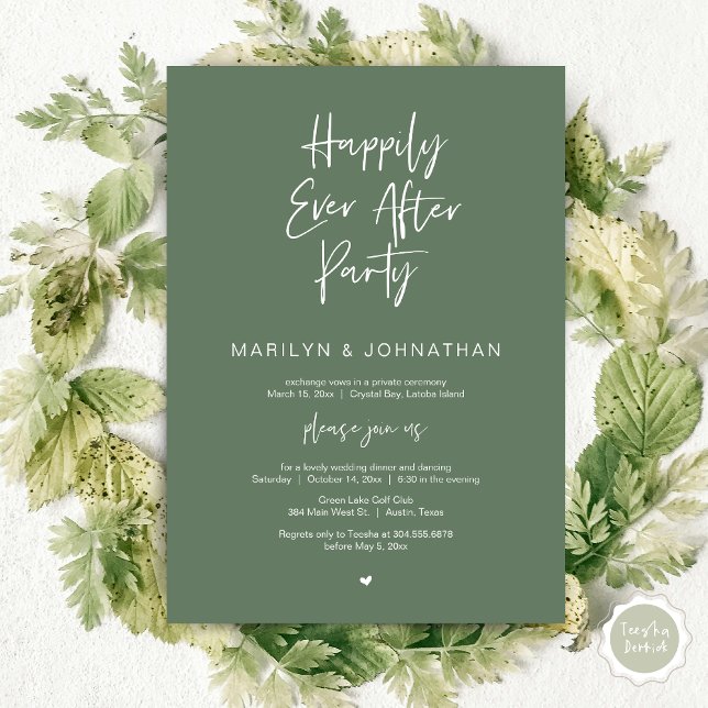 Glücklicherweise immer nach der Hochzeit Elopement Einladung (Happily Ever After, Wedding Elopement Modern Summer Party Invitation Card, PDF, in Forest Sage Green)