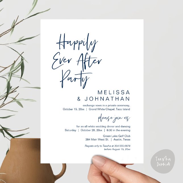 Glücklicherweise immer nach der Hochzeit Elopement Einladung (Happily Ever After Party Invitation Card, PDF, Wedding Elopement Dinner Brunch Lunch, Navy Blue)