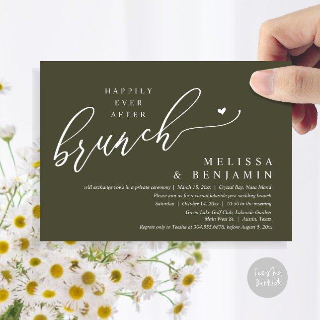 Glücklicherweise immer nach der Hochzeitsfeier Einladung (Happily Ever After Brunch, Modern Romantic Heart Wedding Elopement Card, PDF, in Olive Green)