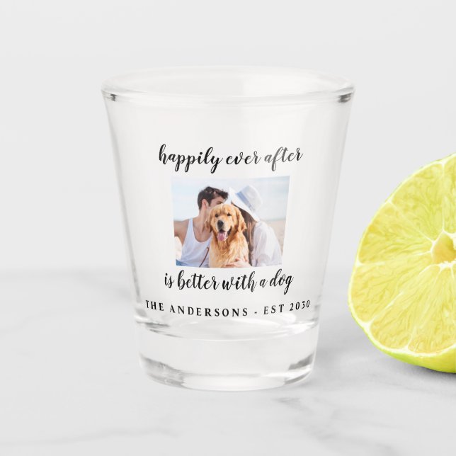 Glücklicherweise immer nach Foto Hochzeit Schnapsglas (Vorderseite)