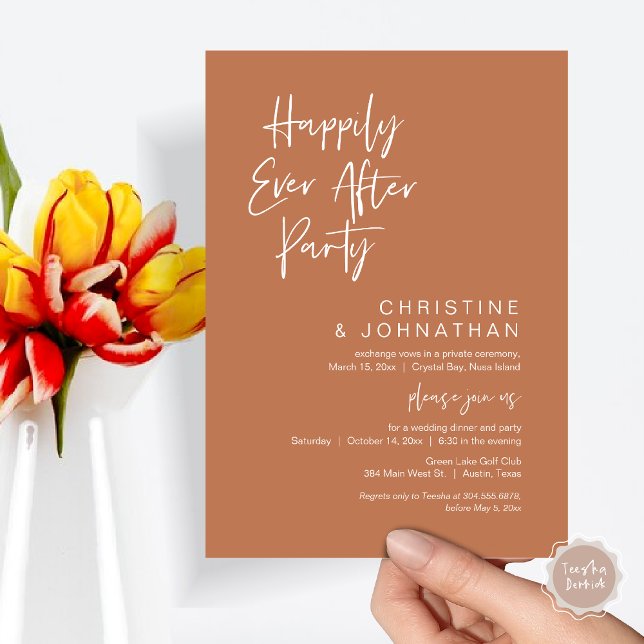 Glücklicherweise immer nach, Hochzeit Elopement Di Einladung (Happily Ever After Party, Wedding Elopement Dinner Invitation Card, PDF, Modern, Copper Rust Brown)