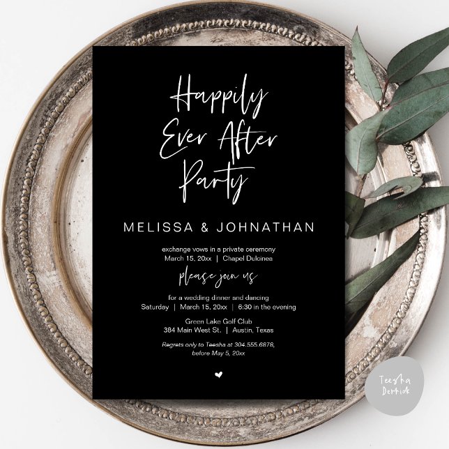 Glücklicherweise immer nach, Hochzeit Elopement Di Einladung (Happily Ever After Party, Wedding Dinner and Dancing Invitation Card, PDF, in Classy Black)