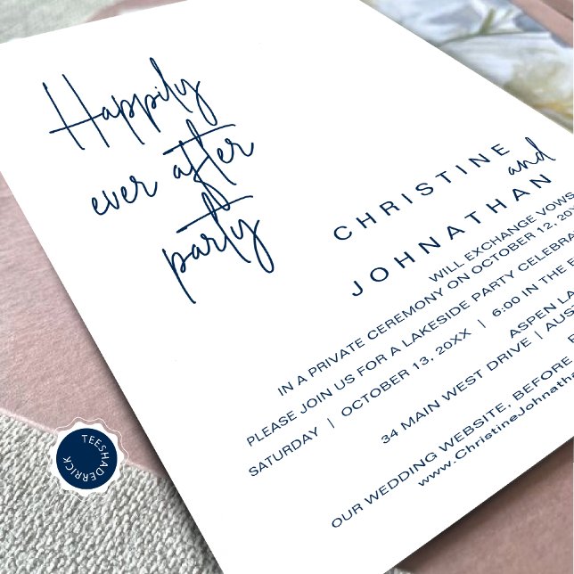 Glücklicherweise immer nach Hochzeit Elopement Din Einladung (Happily Ever After Wedding Elopement Dinner Party Invitation Card, Navy Blue Scheme, Downloadable)