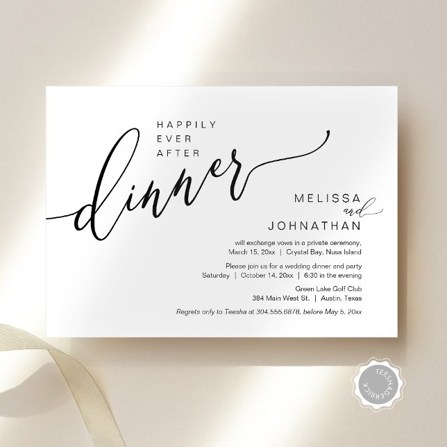 Glücklicherweise immer nach Hochzeit Elopement Din Einladung (Happily Ever After Wedding Elopement Dinner Invitation Card, Modern Romantic, Editable Downloadable)