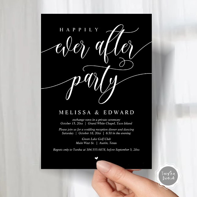 Glücklicherweise immer nach Hochzeit Elopement Din Einladung (Wedding Happily Ever After Party Dinner Brunch Elopement Invitation Card, PDF, Classy Black)