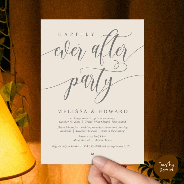 Glücklicherweise immer nach Hochzeit Elopement Din Einladung (Wedding Happily Ever After Party Dinner Brunch Elopement Invitation Card, PDF, Cream Grey)