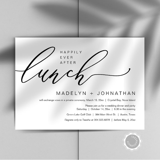 Glücklicherweise immer nach Hochzeit Elopement Mit Einladung (Happily Ever After Wedding Elopement Lunch Party Invitation Card, Editable, Downloadable, Modern)