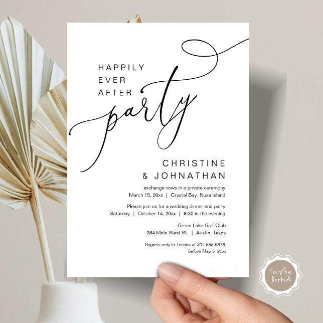 Glücklicherweise immer nach Hochzeit Elopement Par Einladung (Happily Ever After Wedding Elopement Party Invitation Card, Printed and Digital File in Black White.)