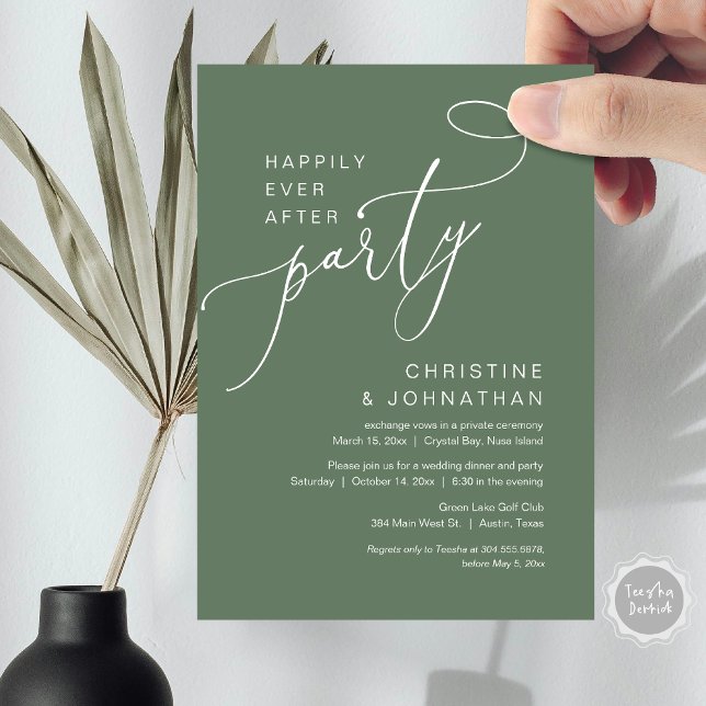 Glücklicherweise immer nach Hochzeit Elopement Par Einladung (Happily Ever After Party, Wedding Elopement Brunch, Dinner or Lunch Invitation Card in Sage Green)