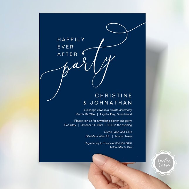 Glücklicherweise immer nach Hochzeit Elopement Par Einladung (Happily Ever After Party, Wedding Elopement Brunch, Dinner or Lunch Invitation Card in Navy Blue)