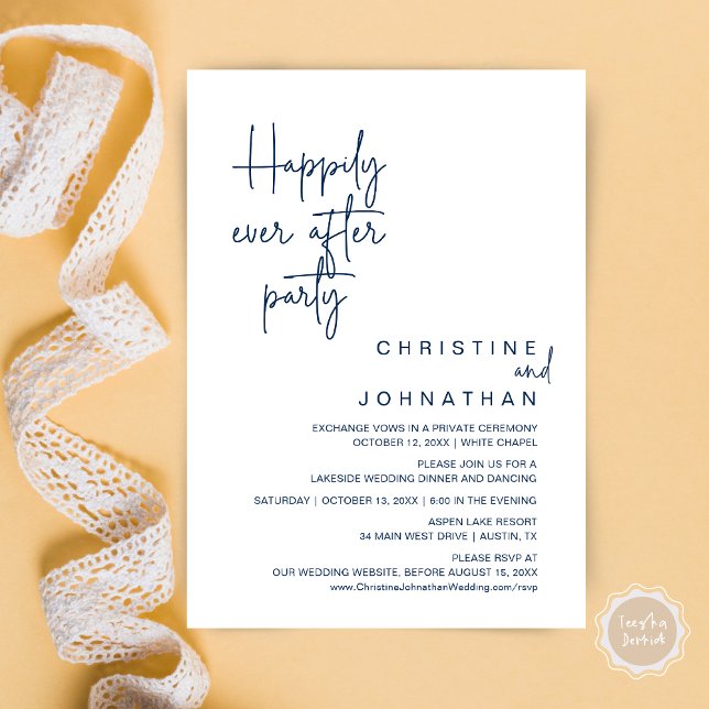 Glücklicherweise immer nach Hochzeit Elopement Par Einladung (Happily Ever After Wedding Elopement Dinner Brunch Lunch Party Invites Card, PDF, Navy Blue)