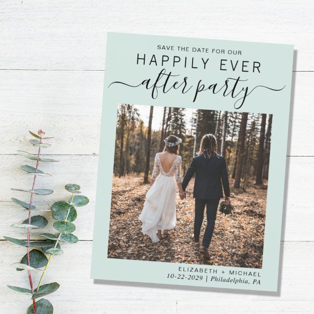Glücklicherweise immer nach Hochzeit Empfang Save  Ankündigungspostkarte (A stylish save the date announcement for a reception to celebrate your elopement or private wedding)