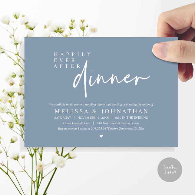 Glücklicherweise immer nach Hochzeitsessen Party T Einladung (Happily Ever After Party, Modern Wedding Dinner Dancing Party Invitation Card, PDF, Dusty Blue)