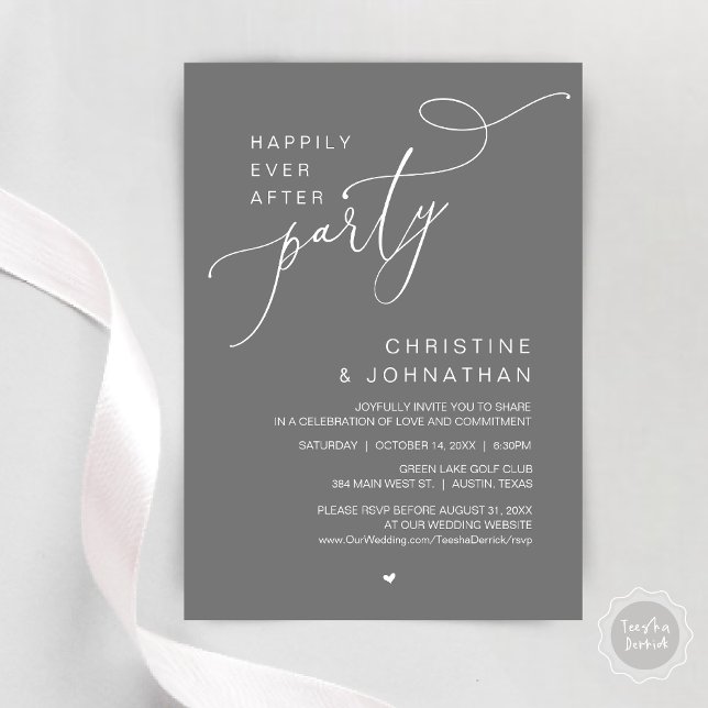 Glücklicherweise immer nach Hochzeitsfeier Dinner  Einladung (Happily Ever After Wedding Party Romantic Dinner Dancing Invitation Card, PDF, in Dark Grey)