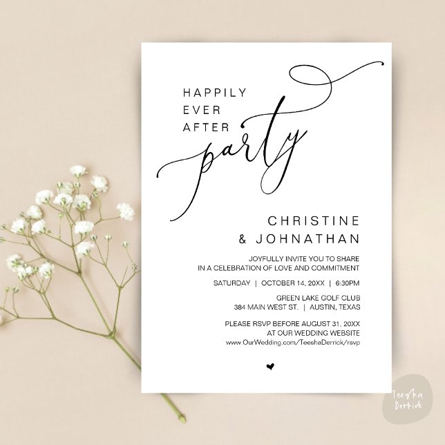 Glücklicherweise immer nach Hochzeitsfeier Dinner  Einladung (Happily Ever After Wedding Party Romantic Dinner Dancing Invitation Card, PDF, in Black and White)
