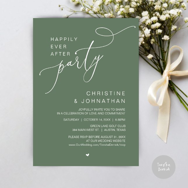 Glücklicherweise immer nach Hochzeitsfeier Dinner  Einladung (Happily Ever After Wedding Party Romantic Dinner Dancing Invitation Card, PDF, in Forest Sage Green)