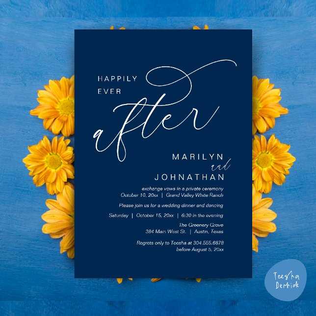 Glücklicherweise immer nach Hochzeitsfeier Dinner  Einladung (Romantic Happily Ever After Wedding Dinner Party Lunch Brunch Invitation PDF Card Navy Blue)
