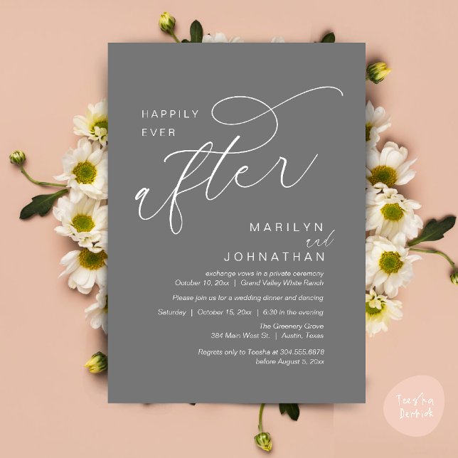 Glücklicherweise immer nach Hochzeitsfeier Dinner  Einladung (Romantic Happily Ever After Wedding Dinner Party Lunch Brunch Invitation PDF Card Dark Grey)