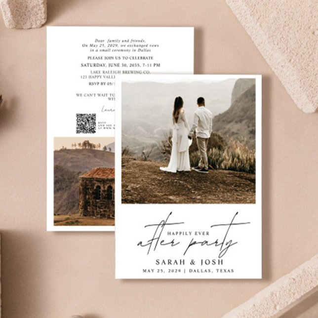 Glücklicherweise immer nach Party QR Code 2 Foto Ankündigung (Easily personalize this QR code reception celebration invitation with your details, photos, website)