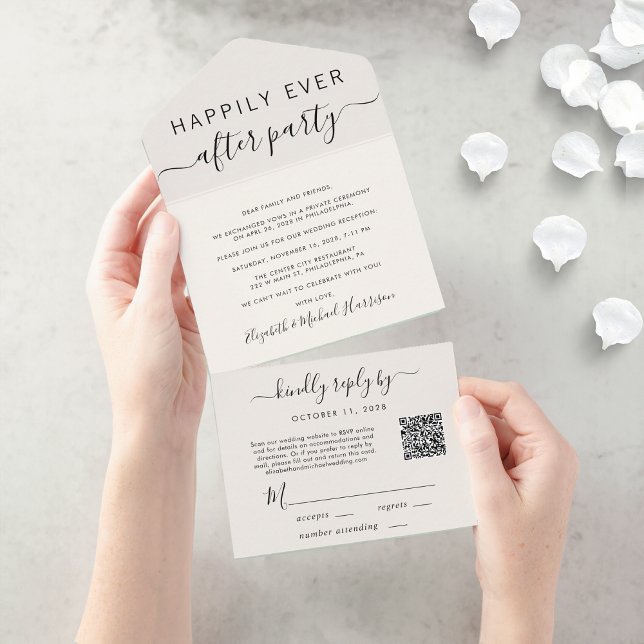 Glücklicherweise immer nach QR-Code Cream Hochzeit All In One Einladung (An chic Happily Ever After Party all-in-one invitation for your wedding celebration)