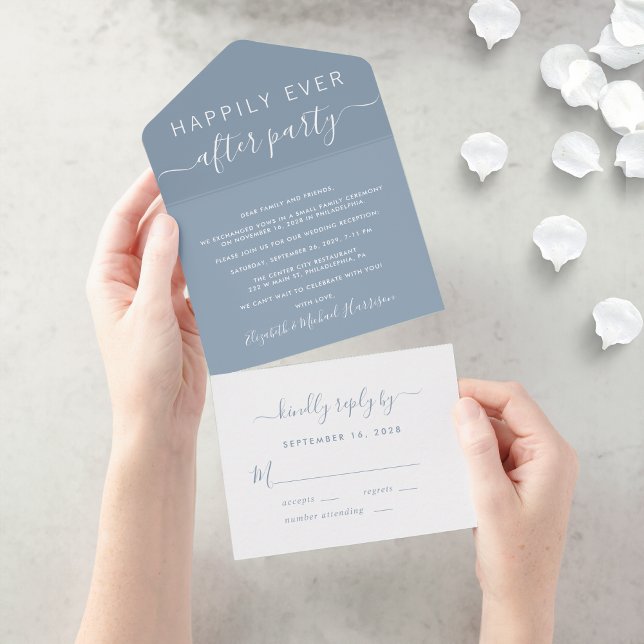 Glücklicherweise je nach der dusty Blue Wedding Em All In One Einladung (An chic Happily Ever After Party all-in-one invitation for your wedding celebration)