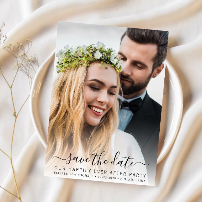 Glücklicherweise jeden nach dem Foto Creme Hochzei Save The Date (A stylish save the date announcement for a reception to celebrate your elopement or private wedding)