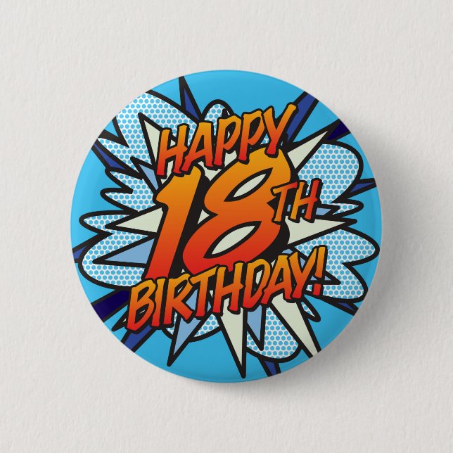 GLÜCKLICHES 18. BIRTHDAY Fun Retro Comic Book Button (Vorderseite)