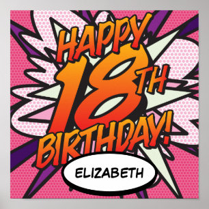 GLÜCKLICHES 18. GEBURTSTAG Comic Pop Rosa Poster