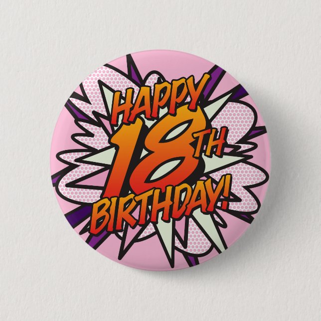 GLÜCKLICHES 18. GEBURTSTAG Pink Fun Retro Comic Bu Button (Vorderseite)