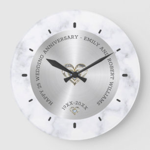 Glückliches 25. Hochzeit universell Marmor und Sil Große Wanduhr