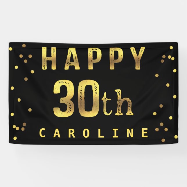 Glückliches 30. Imitat-Goldfolieconfetti-Schwarzes Banner (Horizontal)
