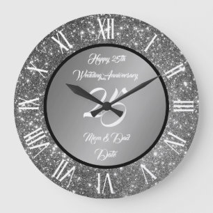 Glückliches Anpassen Silber Glitter 25. Jubiläum Große Wanduhr