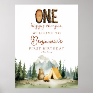 Glückliches Camper-Bär 1. Geburtstags-Willkommenss Poster
