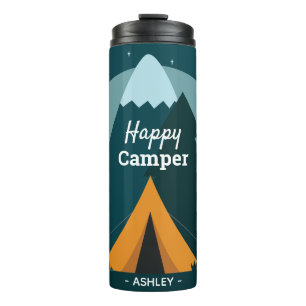 Glückliches Camper-Zelt und Berge Thermosbecher