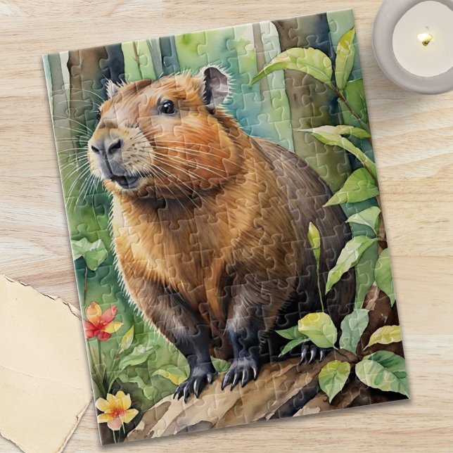 Glückliches Capybara im Regenwald Wildtier Puzzle (Happy Capybara in Rainforest Wild Animal Jigsaw Puzzle)
