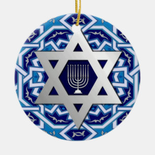 Glückliches Chanukka! Davidsstern Und Menorah Keramikornament