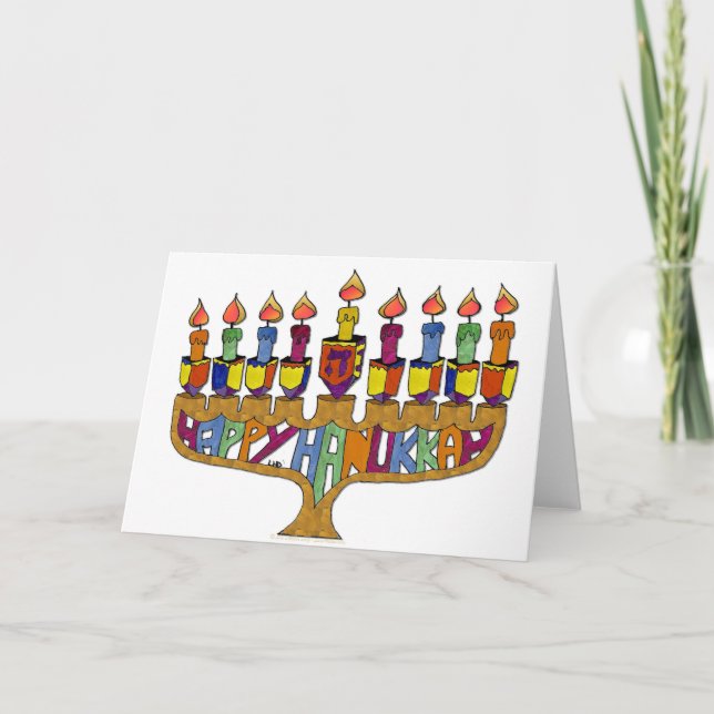 Glückliches Chanukka Dreidels Menorah Feiertagskarte (Vorderseite)