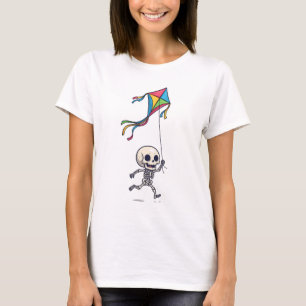 Glückliches Chibi-Skelett läuft mit farbenfrohem D T-Shirt
