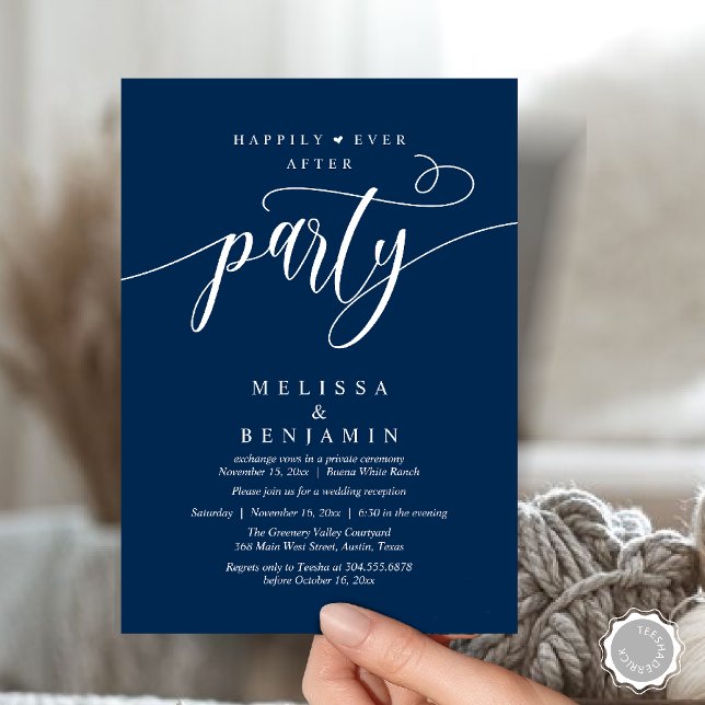 Glückliches Ende Party, Rezeption Modern Minimal Einladung (Happily Ever After Party, Reception Modern Minimal Invitation Card in Navy Blue)