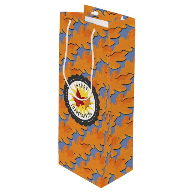 Glückliches Erntedank-Fall-Eichen-Blatt Geschenktüte Für Weinflaschen (Vorderseite Schrägansicht)